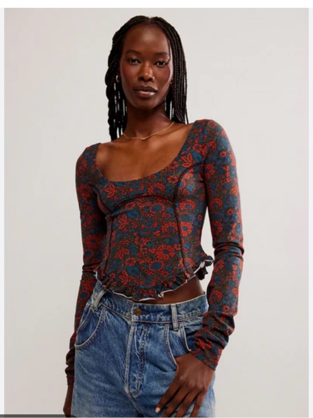 Free People Floral Scoop-Neck Crop Top in Rust and Teal